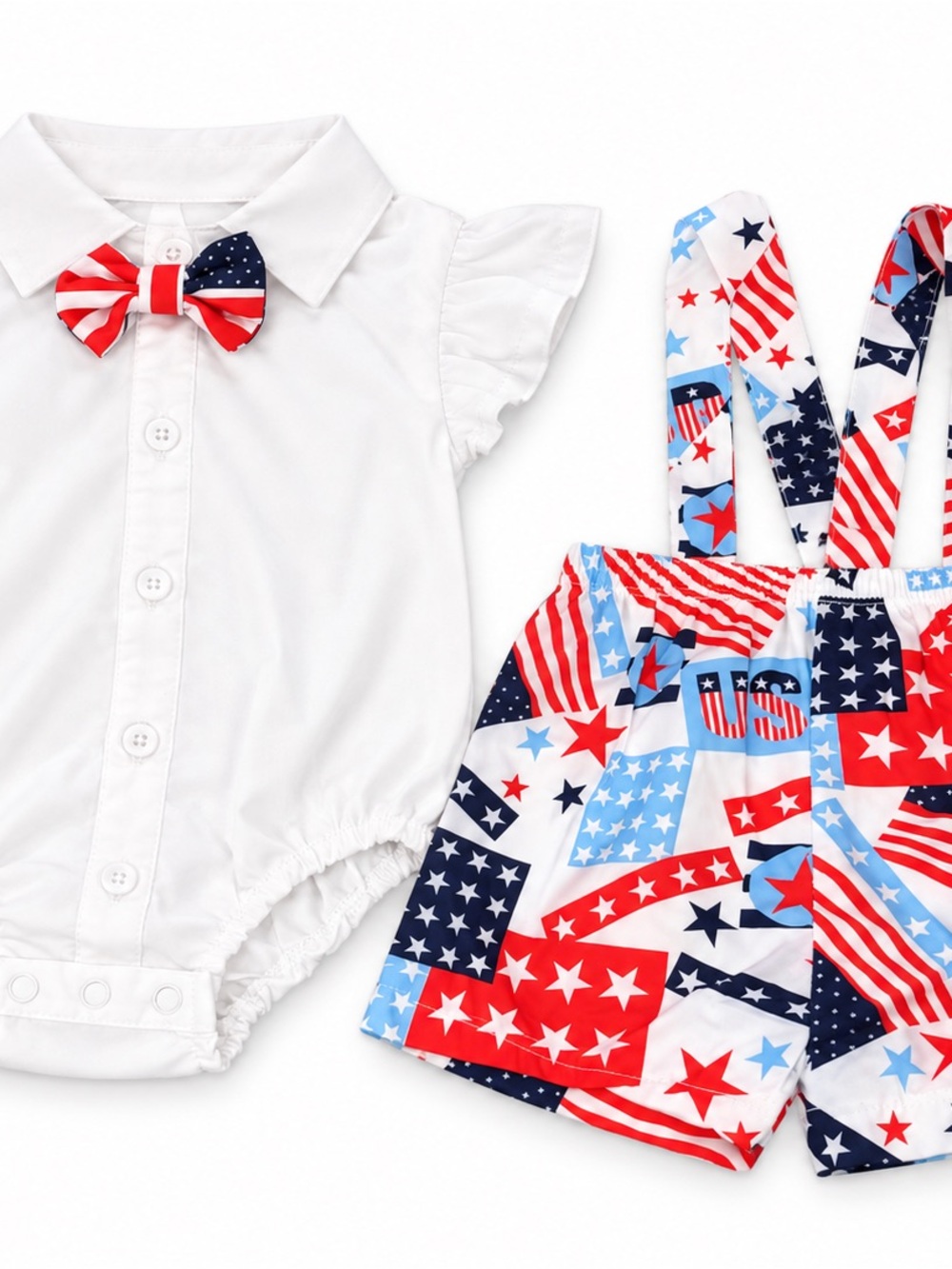 SHEIN White Ruffle Romper with Red, Blue & White Stars Shorts Set